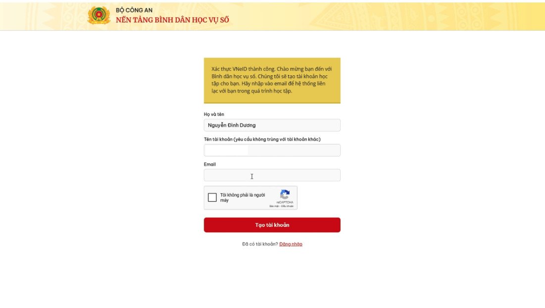 Yêu cầu nhập địa chỉ email lần đầu đăng nhập tài khoản công dân học tập .vn