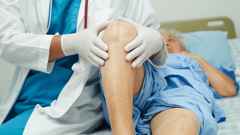 Bác sĩ thăm khám và kiểm tra khớp gối của bệnh nhân trước khi quyết định mổ thay khớp gối