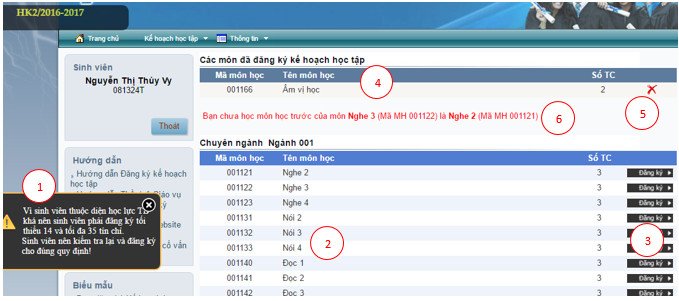 Giao diện đăng ký kế hoạch học tập và quy định