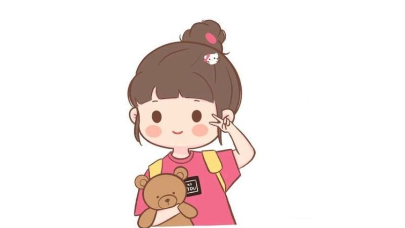 Học sinh chibi với sách vở và quả táo