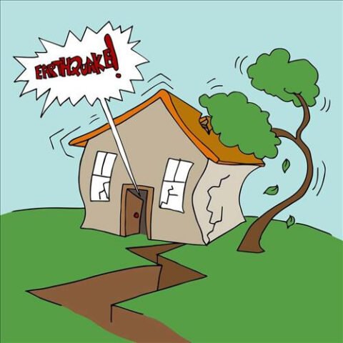Tầm nhìn từ trên cao về một thành phố bị ảnh hưởng nặng nề bởi trận động đất, nhiều tòa nhà sập nhà đổ nát.
