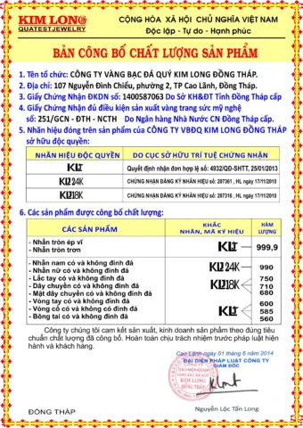 Cập Nhật Giá Vàng Đồng Tháp Mới Nhất 2026 Bảng công bố chất lượng sản phẩm vàng