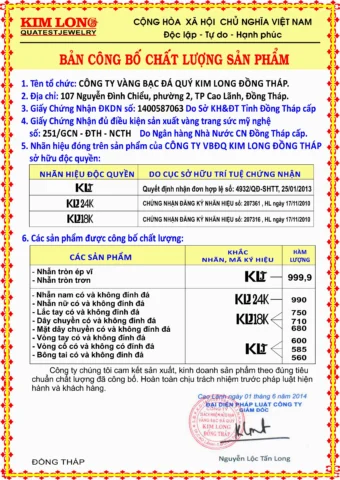 Giá vàng hôm nay Kim Long: Cập nhật 2026 và dự báo xu hướng Bảng công bố chất lượng sản phẩm vàng