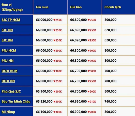 Bảng giá vàng các loại hôm nay